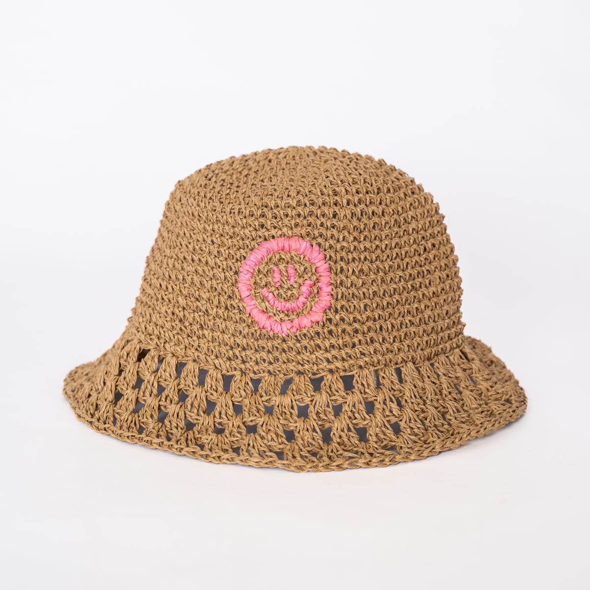 Raffia Bucket Hat in Dusty Pink, side profile showing curved brim