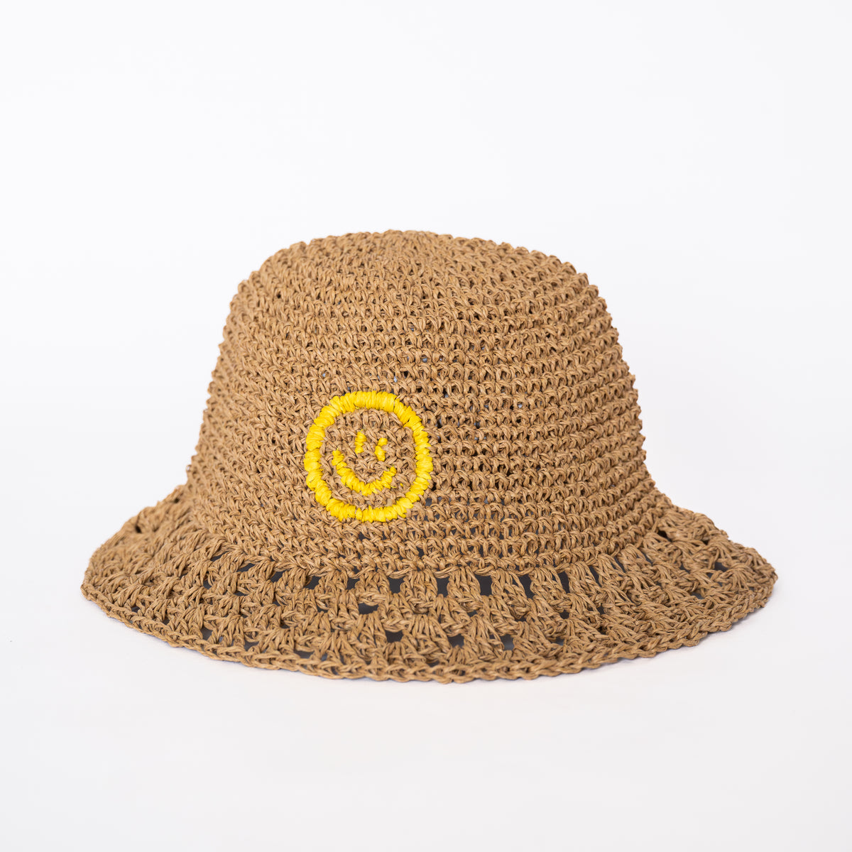 Close-up of Sun yellow Raffia Bucket Hat, sustainable handwoven raffia weave