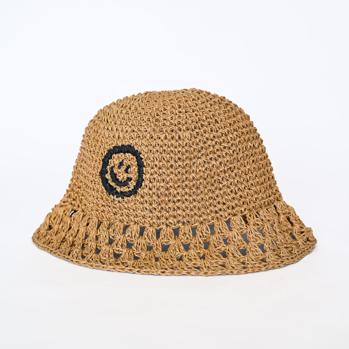 Close-up of Coal black Raffia Bucket Hat, natural raffia fibre detail