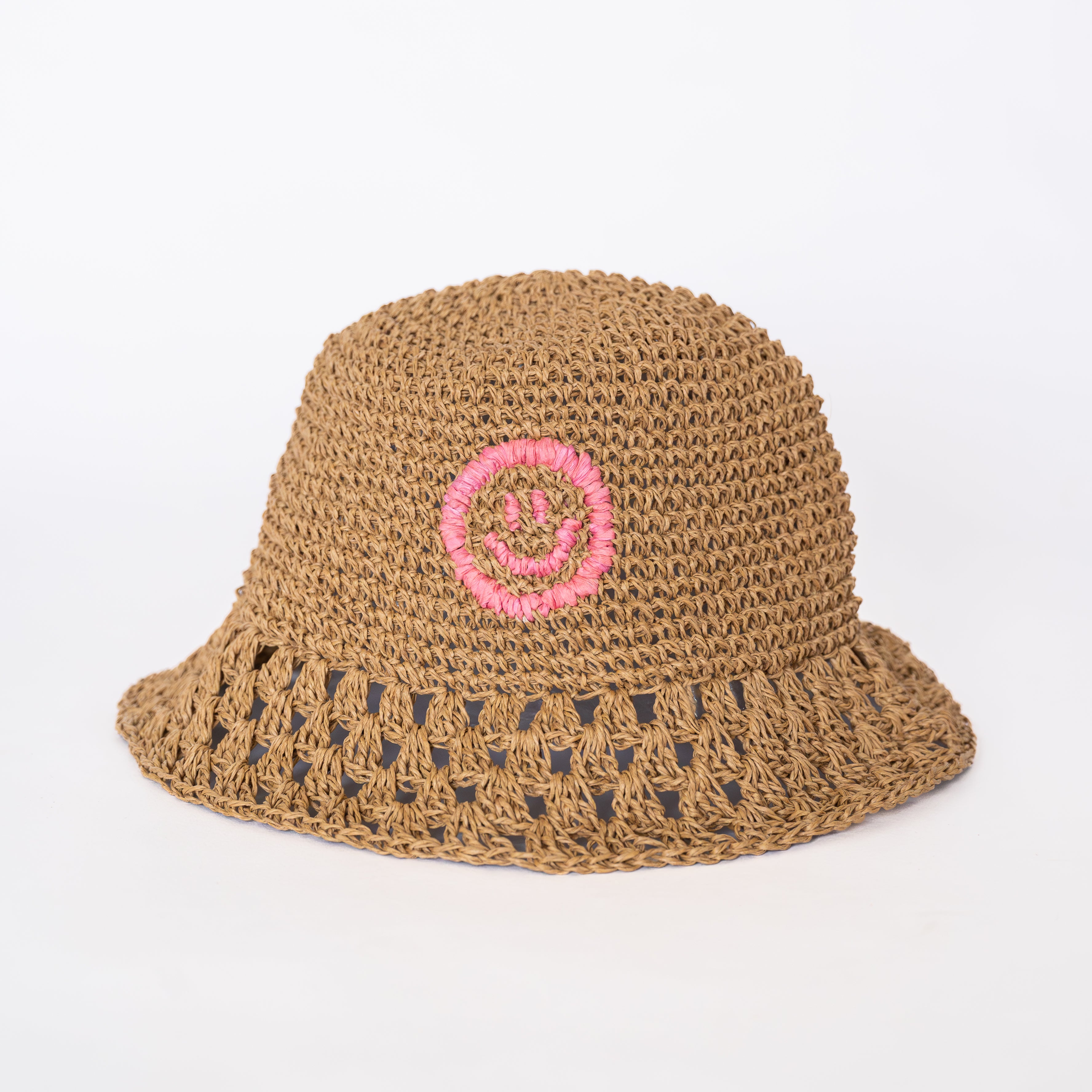 Raffia Bucket Hat in Dusty Pink, side profile showing curved brim